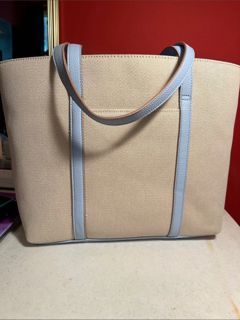 Nanette Lepore Beige Canvas Tote with Light Blue Leather Trim and Charm  RT,148